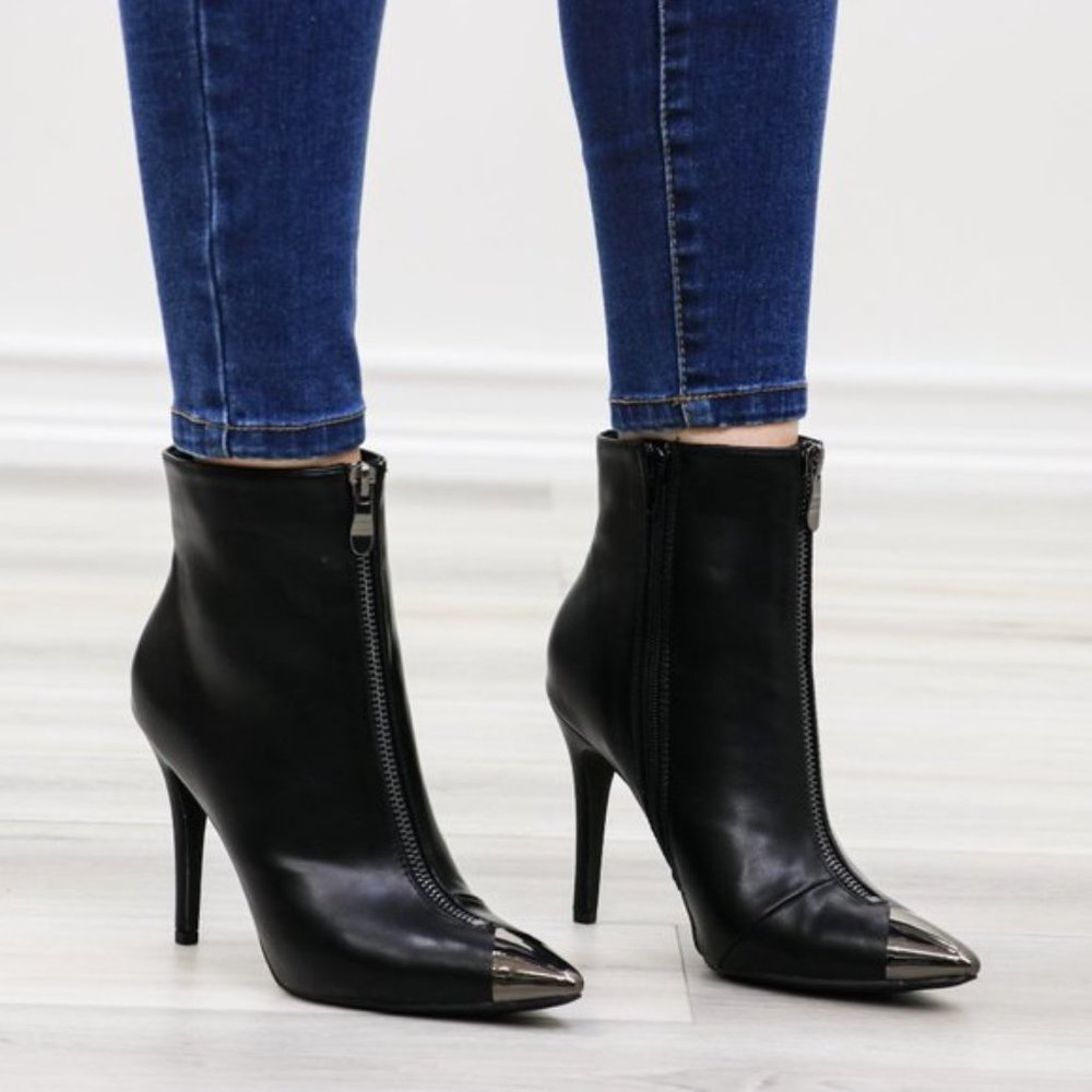 Pointy Toe Ankle Black Boots Faux Leather - Picture 2 of 14